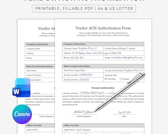 Vendor ACH Authorization Form Template - Standard : A4/Letter (Printable & Fillable), Edit In Word, Canva