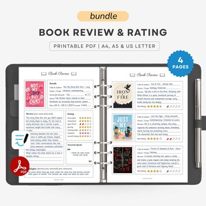 Peut inclure: Un ensemble de révisions et d'évaluations de livres au format PDF imprimable. Le planificateur comprend des pages pour les critiques de livres, les évaluations et les citations préférées. Le design présente des couvertures de livres et le texte "BOOK REVIEW & RATING".