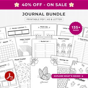 May include: A digital journal bundle printable PDF in A5 and letter sizes featuring 135+ pages. The collection includes black and white templates for a movie log, habit tracker, bucket list, mood tracker, daily reflection, and savings jar.