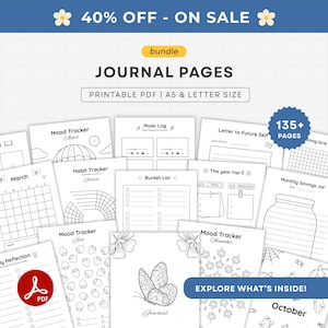Printable Journal Pages | Journal Bundle Pages, Habit Trackers, Mood Trackers, Self Care, Reading, Calendars  | Letter, A5 insert PDF
