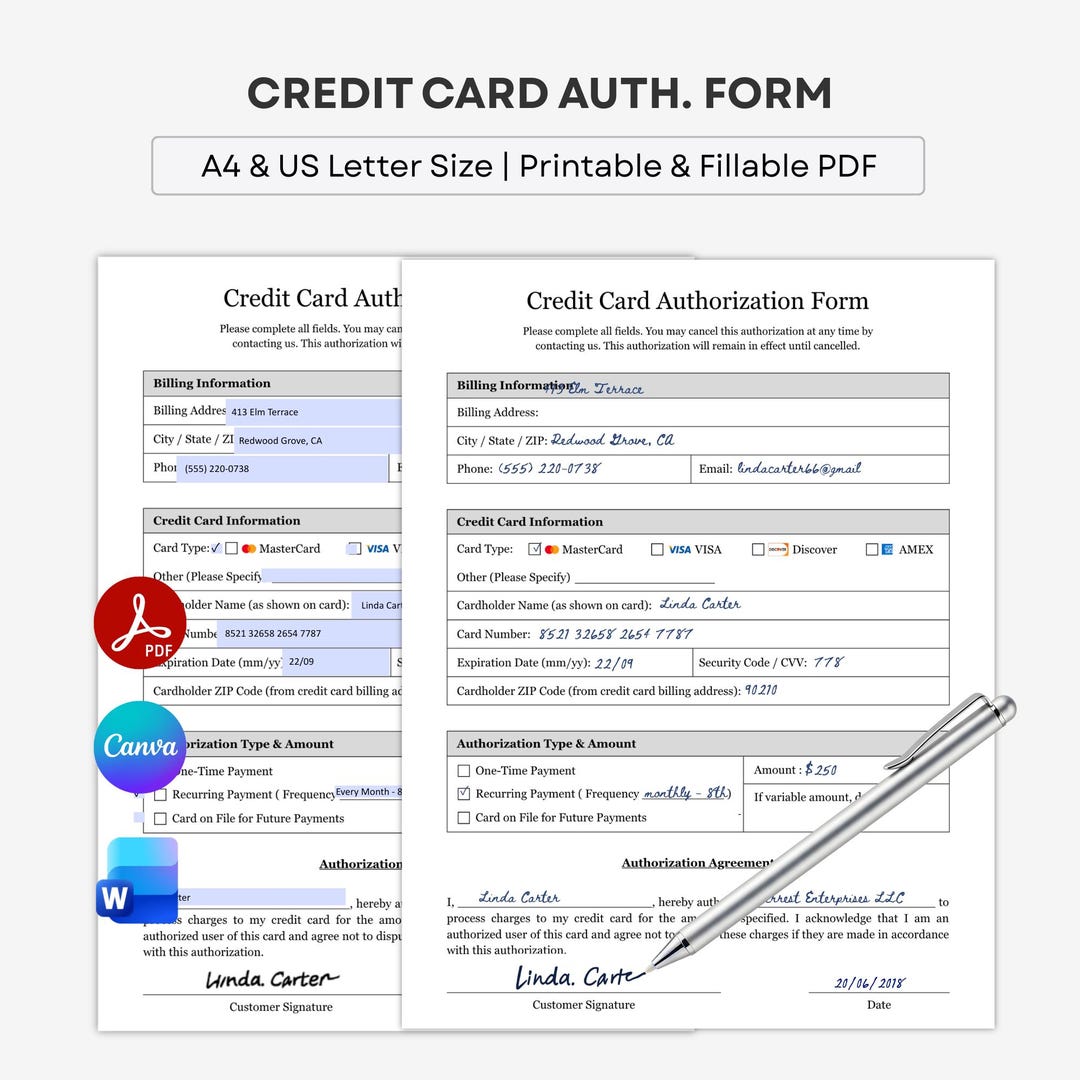 Credit Card Authorization Form Template - Printable & Fillable : A4 ...