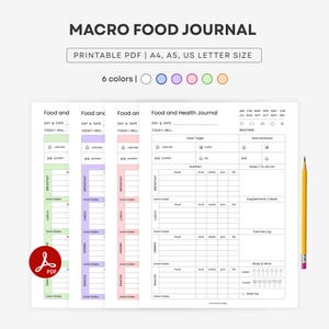Pode incluir: Um diário alimentar macro imprimível em PDF com seções para metas diárias, rastreamento nutricional de refeições, além de registros de água, humor e sono. Inclui seis opções de cores nos tamanhos A4, A5 e carta com um lápis amarelo.