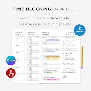 Minimalist Daily Time Blocking Template, Planner. Timeboxing - Printable & Fillable. A4/A5/Letter PDF.