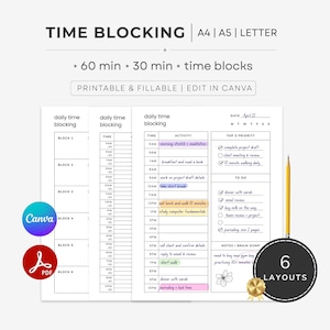Minimalist Daily Time Blocking Template, Planner. Timeboxing - Printable & Fillable. A4/A5/Letter PDF.