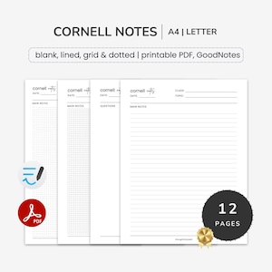 Cornell Notes Template, Lecture Note Taking : A4/US Letter PDF. GoodNotes.