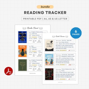 Könnte beinhalten: Ein druckbares Lese-Tracker-Paket im PDF-Format, verfügbar in den Größen A4, A5 und US Letter. Das sechsseitige Dokument enthält Abschnitte zur Erfassung gelesener Bücher und zum Verfassen von Rezensionen mit Feldern für Titel, Autoren und Bewertungen.