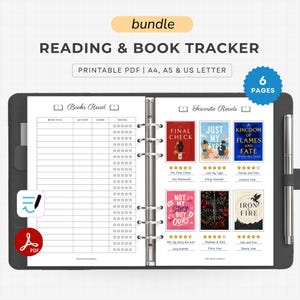 Puede incluir: Un paquete de seguimiento de lectura y libros negro con un diseño de carpeta. El rastreador incluye secciones para libros leídos y lecturas favoritas, con portadas de libros mostradas. El texto incluye "PRINTABLE PDF | A4, A5 & US LETTER" y "6 PAGES".