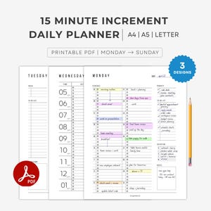 Daily 15 minutes Increment Planner Template - Printable. Timeblocking Planner: A4/A5/Letter PDF