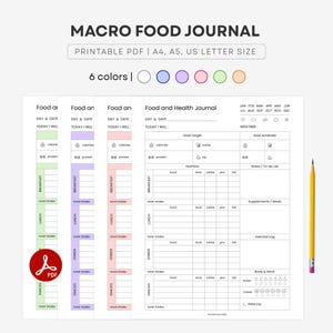 May include: A printable macro food journal with sections for daily intake, including calories, protein, and carbs. The journal includes space for breakfast, lunch, dinner, and snacks, with a section for notes and exercise logs. The journal is available in 6 colors.