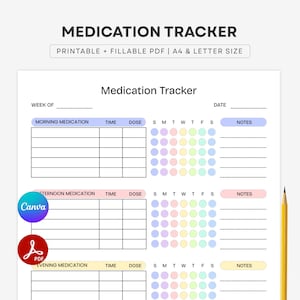 May include: A printable medication tracker titled "Medication Tracker". It features sections for morning, afternoon, and evening medication, with space for time, dose, and notes. Includes a colourful weekly schedule for tracking medication.