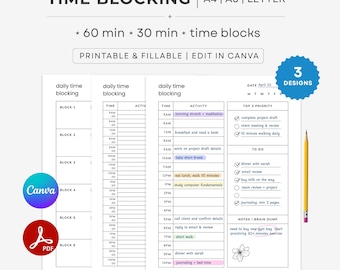 Minimalist Daily Time Blocking Template, Planner. Timeboxing - Printable & Fillable. A4/A5/Letter PDF.