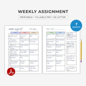 Printable Weekly Assignment Tracker, 2 pages, Homeschool Planner, Middle School, High School, Homeschool Agenda (Fillable PDF US Letter)