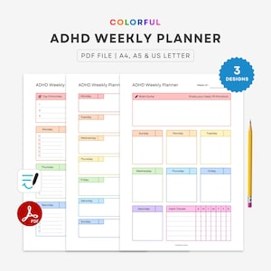 Peut inclure: Un ensemble de modèles de planificateur hebdomadaire TDAH numérique proposant trois designs distincts aux formats A4, A5 et US Letter. La mise en page comprend des sections pour les priorités, un espace de réflexion, le planning et un suivi d'habitudes.