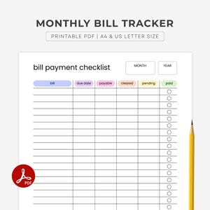 Monthly Bill Payment Checklist. Bill and Expense Tracker - Printable & Fillable : A4/Letter PDF