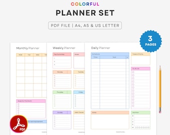 Planner Set | Daily Weekly Monthly Planner Printable | Productivity, Full Focus Planner, To-Do List, Goals, Habits | A4 A5 Letter PDF