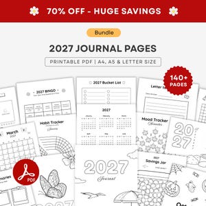 May include: A bundle of 2027 journal pages in printable PDF format, available in A4, A5, and letter sizes. The collection includes over 140 pages featuring a 2027 calendar, habit tracker, mood tracker, bingo, bucket list, and various themed illustrations.