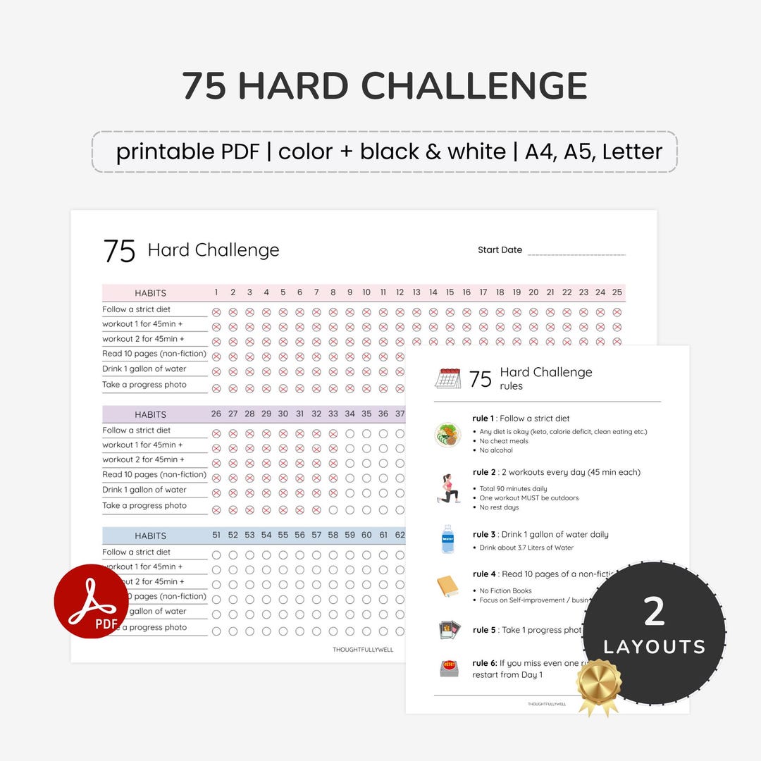 75 Hard Challenge Printable Template : A4/a5/letter PDF - Etsy Australia