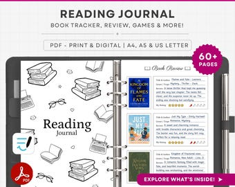 Afdrukbare pagina's dagboek lezen, bundel, 60+ pagina's, boek leesdagboek pdf, leesplanner | A4, A5-brief, pdf-download