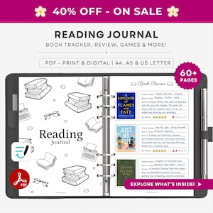 Puede incluir: Un diario de lectura digital de más de 60 páginas con plantillas para seguimiento y reseñas de libros. El diseño incluye ilustraciones en blanco y negro de libros, máquinas de escribir y gafas, junto con reseñas de muestra para A Kingdom of Flames and Fate, Just My Type y Kingdom of Fractured Vows.