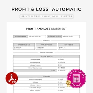 Profit and Loss Statement Template For Small Business - Printable & Fillable. Auto-Calculation : A4/Letter PDF.
