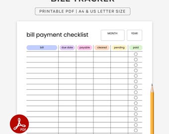 Printable Monthly Bill Tracker | Bill and Expense Tracker | Bill Checklist and Organiser, Bill Log | A4/Letter PDF Download