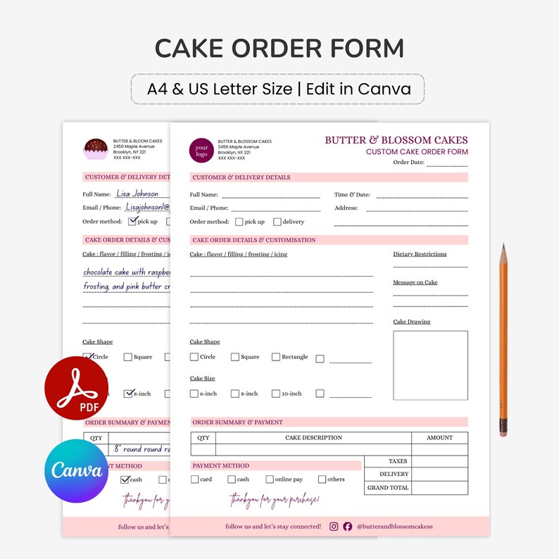 Custom Cake Order Form Template : Editable & Customizable in Canva - A4 ...