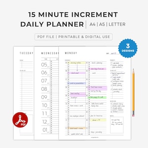 Daily 15 minutes Increment Planner Template - Printable. Timeblocking Planner: A4/A5/Letter PDF