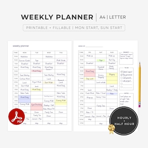 Wekelijkse uurplanner en halfuurplanner. 2 pagina's verticaal: A4/Letter (afdrukbaar, invulbare pdf)