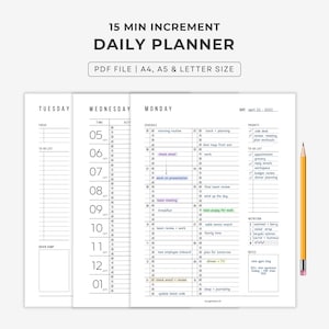 Daily 15 minutes Increment Planner Template | 3 Designs | Timeblocking Planner: A4/A5/Letter PDF