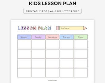 Kids Lesson Plan Template, Weekly Lesson Plan, Preschool Lesson Planner, Homeschool Lesson Plan, Teacher Planner | A4 Letter PDF