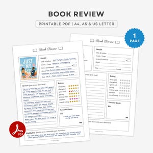 Druckbare Buchbesprechung Vorlage | Buchbesprechungsbogen, Seite | Buch-Rating-System, Buch-Rating-Journal, Spice Bewertung | A4 A5 Letter PDF