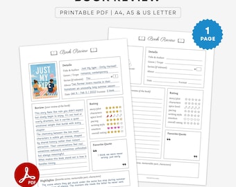 Printable Book Review Template | Book Review Sheet, Page | Book Rating System, Book Rating Journal, Spice Rating | A4 A5 Letter PDF