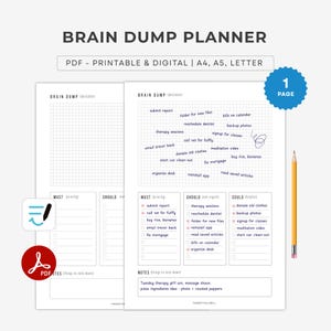 May include: A printable and digital Brain Dump Planner with a grid layout, featuring sections for 'Must,' 'Should,' and 'Could' tasks. The planner includes the text 'Brain Dump Planner' and is available in A4, A5, and Letter sizes. A pencil and PDF icons are also visible.