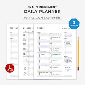 Dagelijkse planner met tijdsblokken van 15 minuten - printbaar. Tijdblokkeringsplanner: A4/A5/Letter PDF