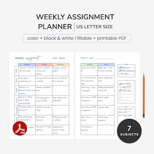 Weekly Assignment Planner For Students. Assignment Tracker. 2 Pages, 7 Subjects - Printable & Fillable : Letter PDF.