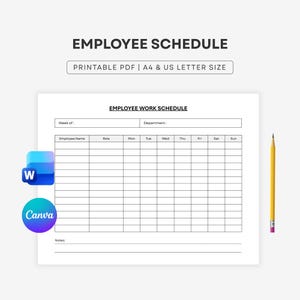Può includere: Un modello stampabile di orario di lavoro per dipendenti con una griglia che include colonne per nome, ruolo e giorni della settimana. Il documento riporta il testo EMPLOYEE SCHEDULE, PRINTABLE PDF, A4 & US LETTER SIZE e una matita gialla.