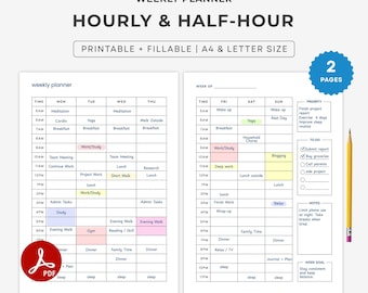 Weekly Hourly & Half Hour Planner | 2 Pages Vertical Template | Weekly Agenda, Schedule | Weekly Organizer  : A4 Letter PDF