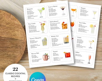 May include: Two white recipe cards with classic cocktail recipes, including a Margarita and an Espresso Martini. The cards are on a wooden surface. The text "22 CLASSIC COCKTAIL RECIPES + EDITABLE CANVA TEMPLATE INCLUDED" is visible.