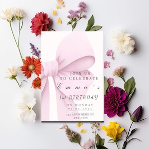 Pink Bow 1st Birthday Invitation, First Birthday Template Printable, Pink Coquette Bow Invitation Girl 1st Birthday Girl Invite PFB