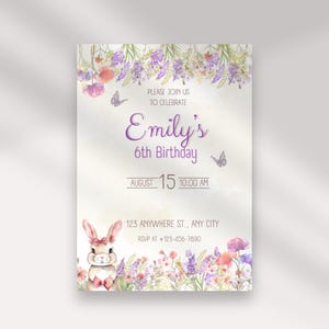 Convite de aniversário de coelho editável, modelo, convites para festa de coelho, para meninas, aniversário de coelho, cartão com tema de aniversário de coelho, aniversário