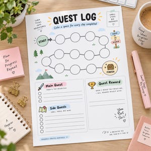Könnte beinhalten: Ein Quest-Log-Tracker aus weißem Papier mit einem Pfad aus Kreisen vom Start bis zum Ziel, Abschnitten für Haupt- und Nebenquests sowie Belohnungen, illustriert mit Bergen, einem Schwert, einer Karte und dem Text Quest Log.