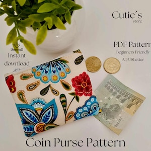 Pode incluir: Um padrão de carteira de moedas floral com fundo creme e detalhes florais azuis, vermelhos e dourados. A imagem inclui duas moedas, uma nota e o texto "Coin Purse Pattern" e "Instant download".