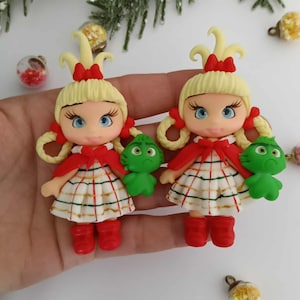 Green monster and girl clay doll- Clays for bows- clay doll, clay dolls, bow centerpieces, clay center for bows, christmas clay doll