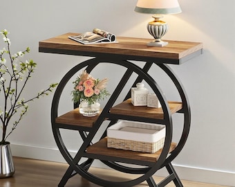 Narrow Sofa Side Table 3 Tier, wooden Table with Storage, Slim End