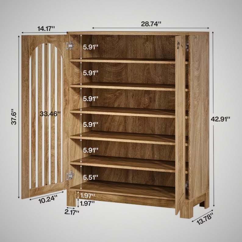 May include: A light brown wooden cabinet with six interior shelves and one hinged door featuring a vertical slat design. The cabinet measures 109 cm high, 73 cm wide, and 35 cm deep, with specific internal shelf height labels clearly marked.