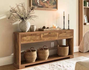 Wooden Console Table with 3 Drawers and Open Shelves for Entryway Living Room Furniture