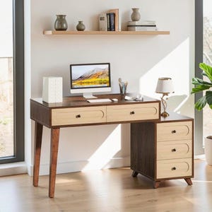 Wooden Study Desk with 5 Drawers, Modern Office Computer Table for Home and Bedroom