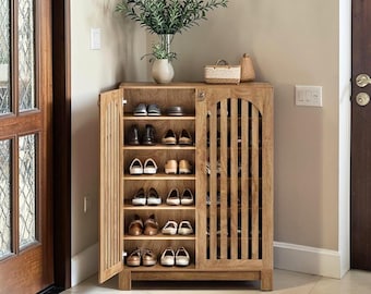 Shoe Cabinet with Adjustable Shelves, Freestanding Wooden Entryway Storage Organizer