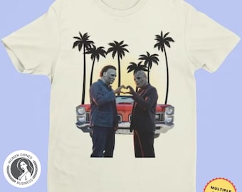 Horror Movie Mashup T-Shirt | Michael Myers & Jason Voorhees Sunset Car Graphic Tee | Retro Halloween Shirt