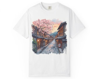 Camiseta de cultura japonesa con escena de cerezos en flor en Kioto
